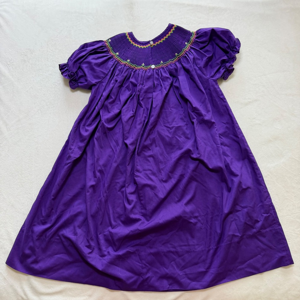 Rosalina Smocked Dress Girls 6Y Purple Fleur-de-lis Mardi‎ Gras Bishop Dress - Picture 3 of 7
